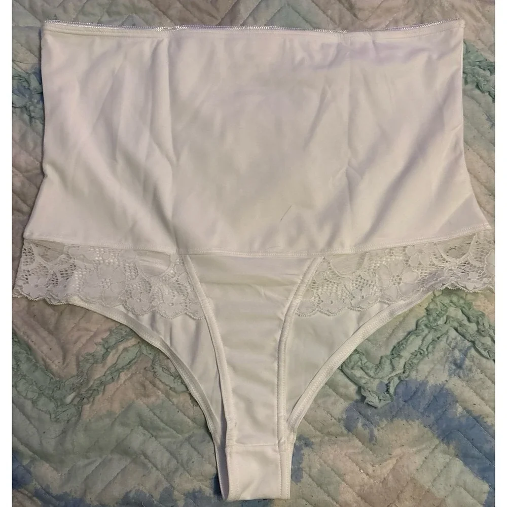 NEW Vivisoo Lace Detail Hi Waist Tummy Control Shaper Thong Panty, White, XXL‎